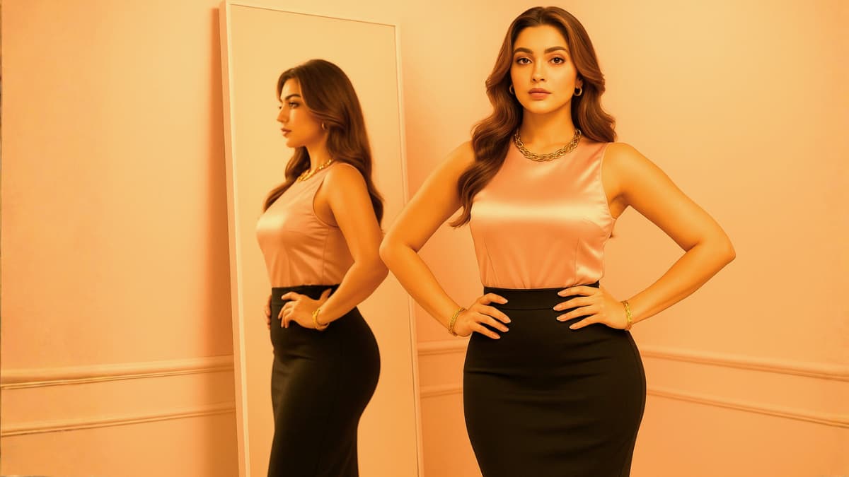 Stylish woman posing in modern outfit – SaniaGlam calculator.