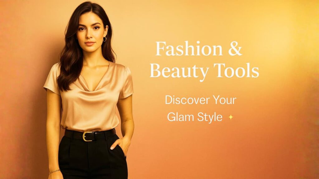 Elegant woman posing in rose-pink and gold background – SaniaGlam Fashion & Beauty Tools Hero Banner.