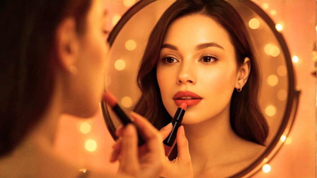 Woman applying lipstick in pink-golden lighting – SaniaGlam Virtual Lipstick Try-On.