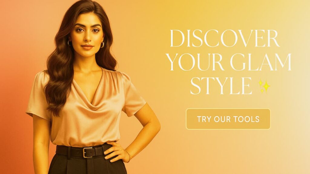 A confident young woman standing in elegant modern fashion attire against a soft rose pink and gold background, symbolizing the SaniaGlam Body Shape Calculator that helps women find their perfect fit and flattering outfits.