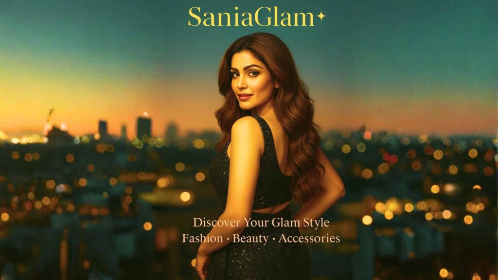 A glamorous woman wearing a black sequin saree posing on a balcony at dusk, representing women’s fashion and beauty for SaniaGlam.
