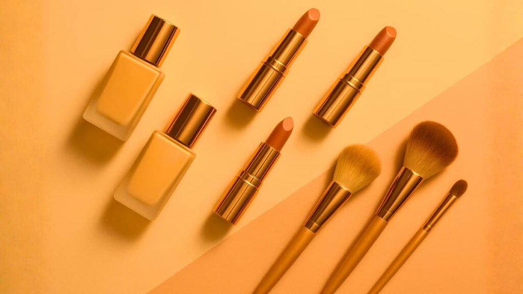 Flat lay of foundation shades and lipsticks – SaniaGlam Skin Tone Analyzer.