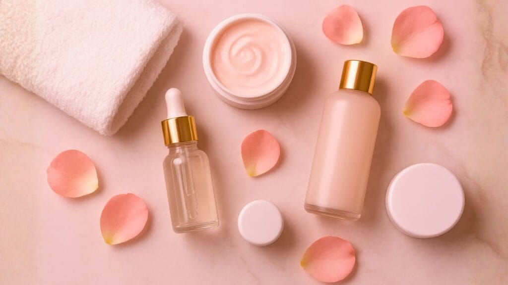 Flat lay of skincare products with rose accents – SaniaGlam Skincare Analyzer.