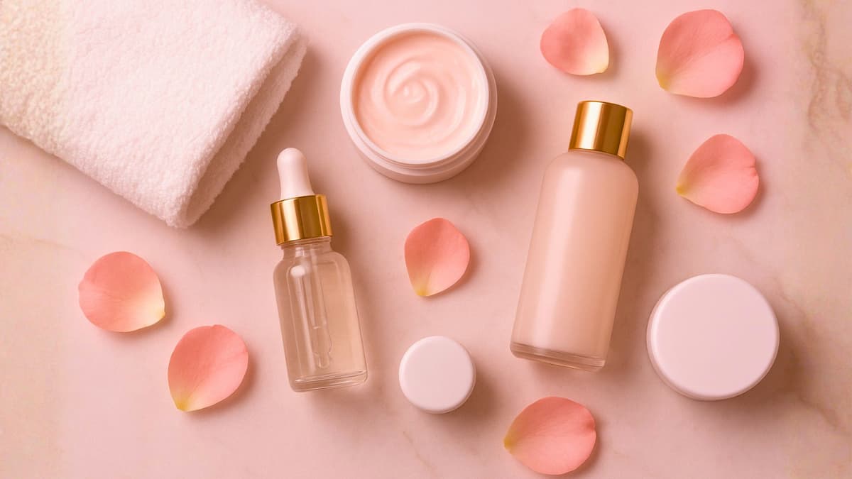 Flat lay of skincare products and flowers – SaniaGlam women’s fashion and beauty skincare analyzer.