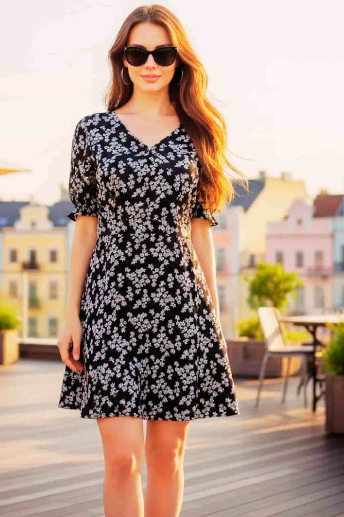 Women Floral Print Fit & Flare Dress affordable summer dress — a beautiful 23-year-old woman with very fair natural skin, bright blue eyes, brown silky hair, fit toned body, relaxed confident expression on rooftop café