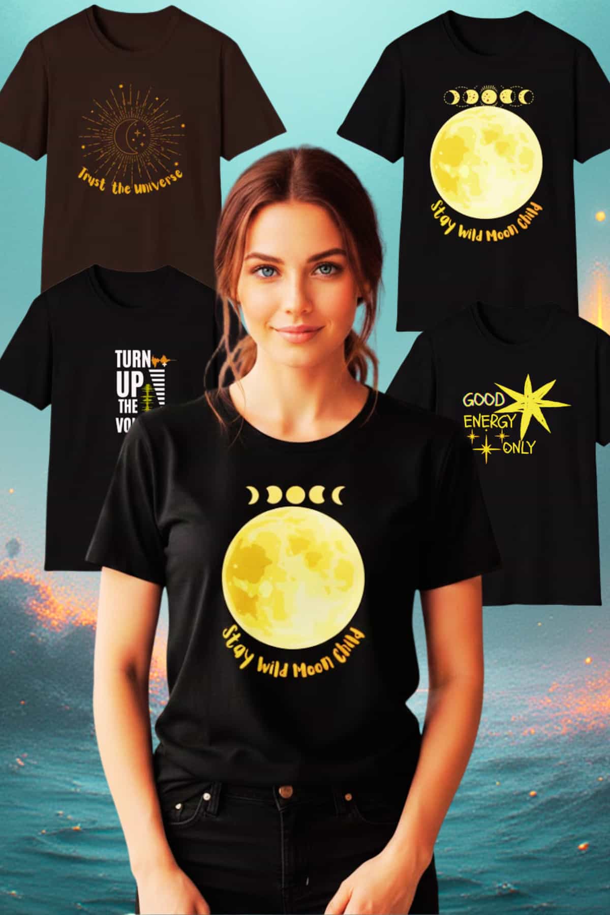 A beautiful 23-year-old woman with very fair skin, bright blue eyes, and tied brown hair wearing an aesthetic spiritual T-shirt, full-body view, peaceful confident expression, premium studio background