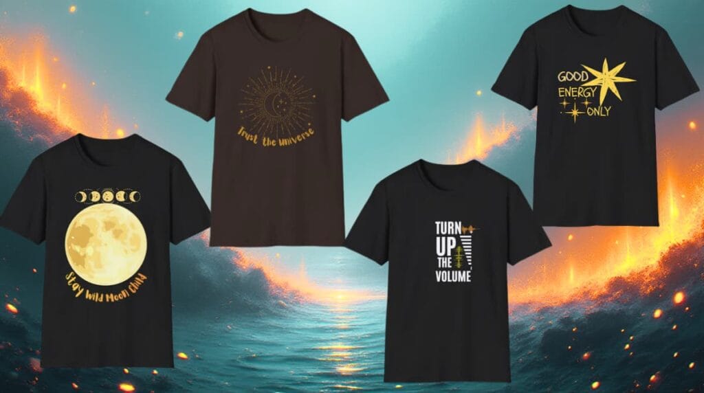A flat-lay of four aesthetic spiritual T-shirts including Good Energy Only, Stay Wild Moon Child, Trust the Universe, and Turn Up the Volume, arranged on a neutral background.