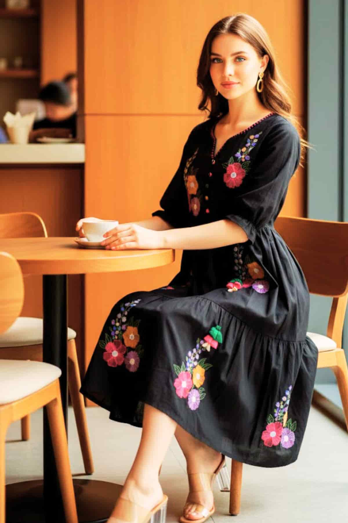 Black embroidered cotton affordable summer dress — a beautiful 23-year-old woman with very fair natural skin, bright blue eyes, brown silky hair, fit toned body, confident expression at modern café