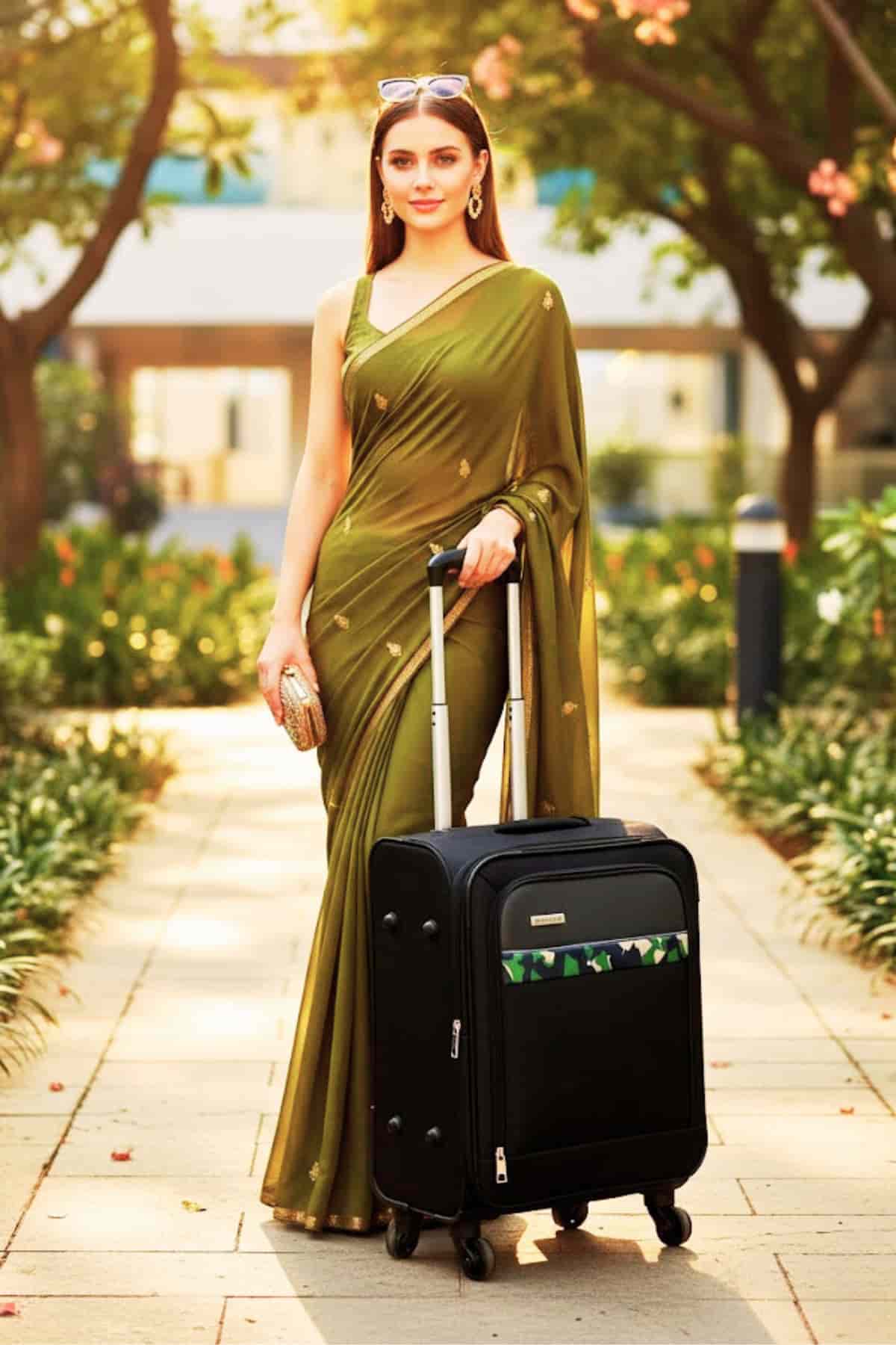 Woman in olive saree dress posing beside Aristocrat soft trolley — best trolley bags for travel