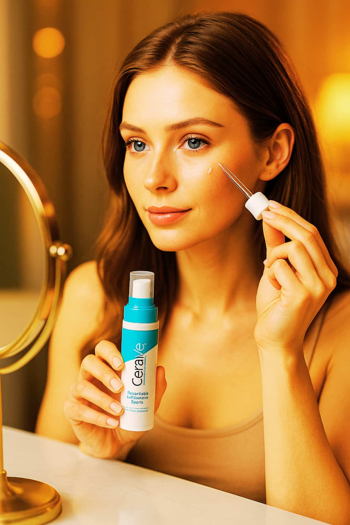 Woman applying CeraVe Resurfacing Retinol Serum with dropper at vanity, night skincare treatment step