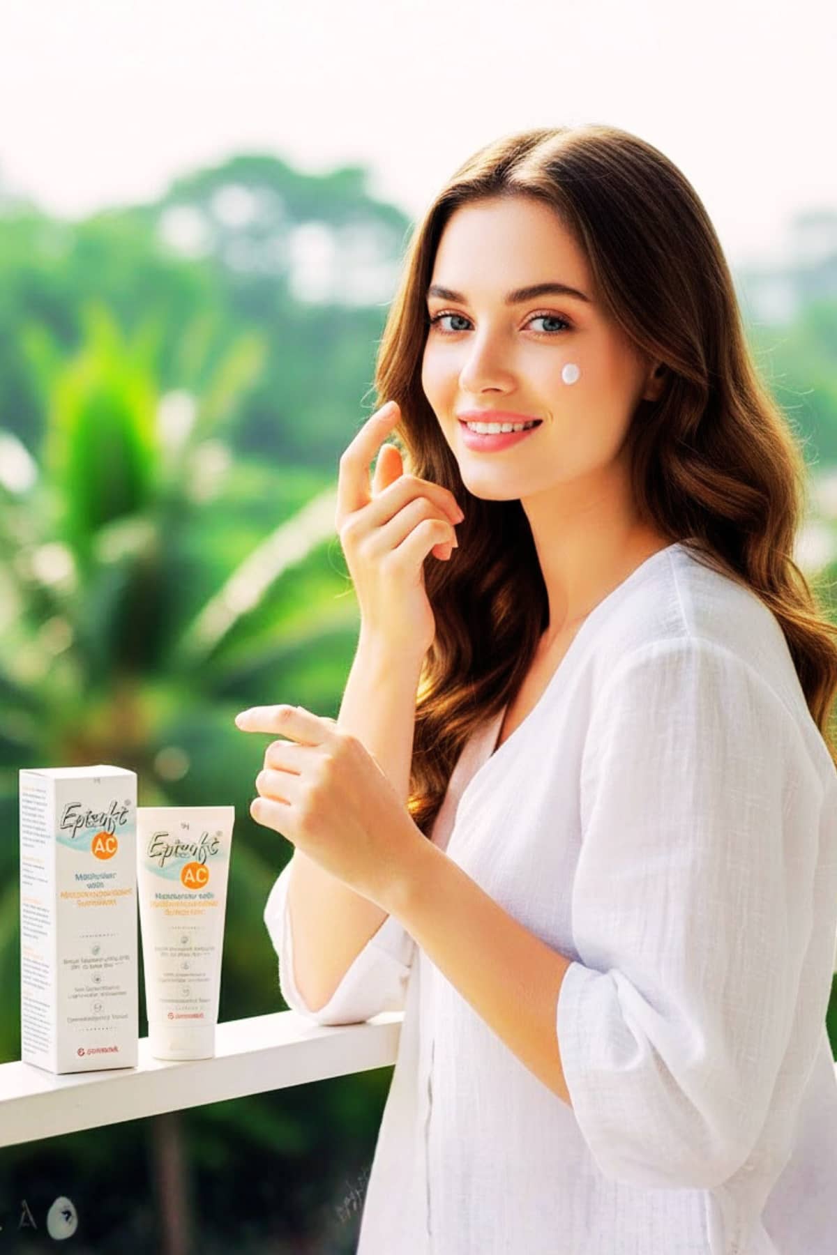 Woman applying Episoft AC SPF 30 sunscreen on face in daylight balcony setting, morning sun protection