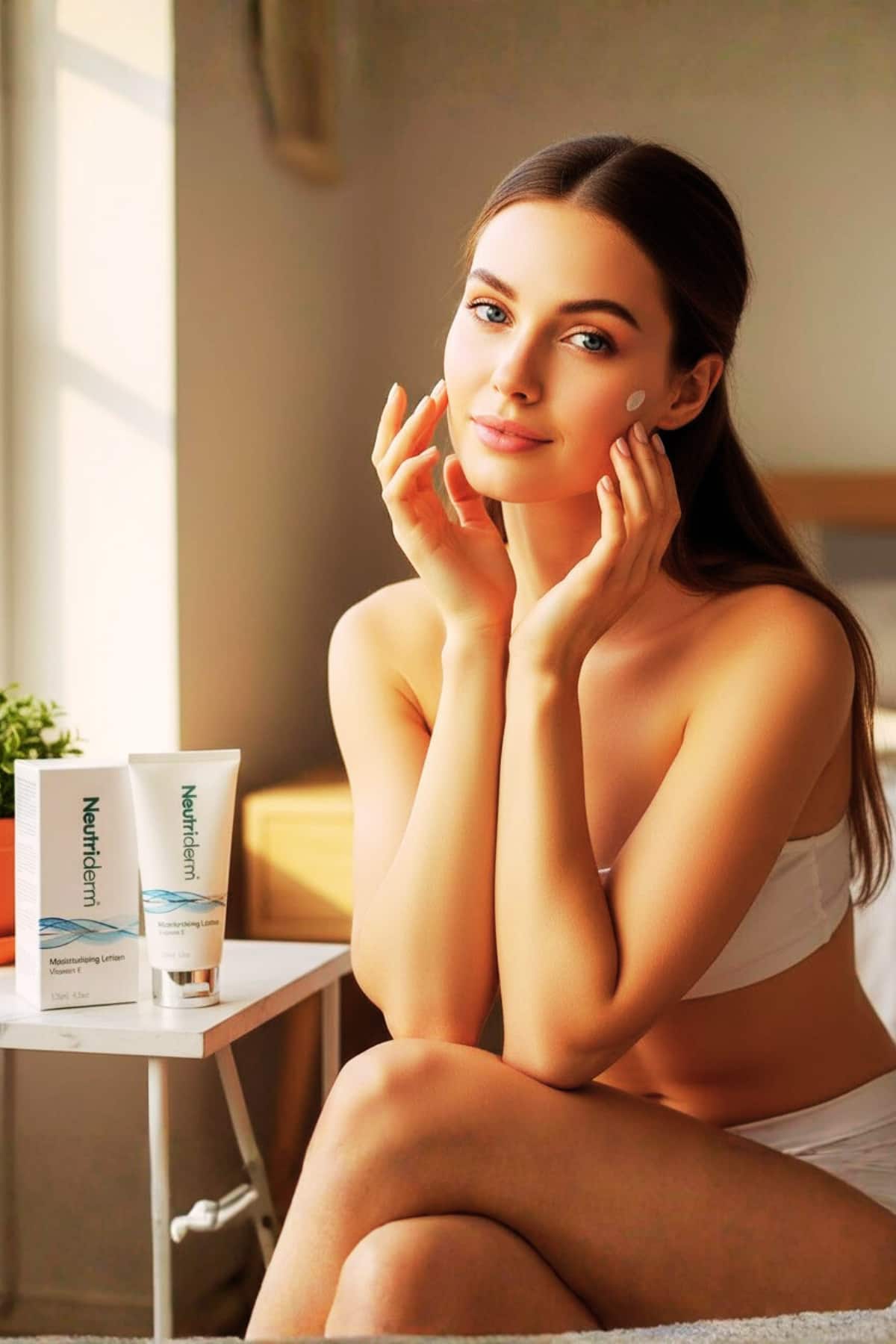 Woman applying Neutriderm Vitamin E moisturizing lotion near window, hydrating morning skincare step