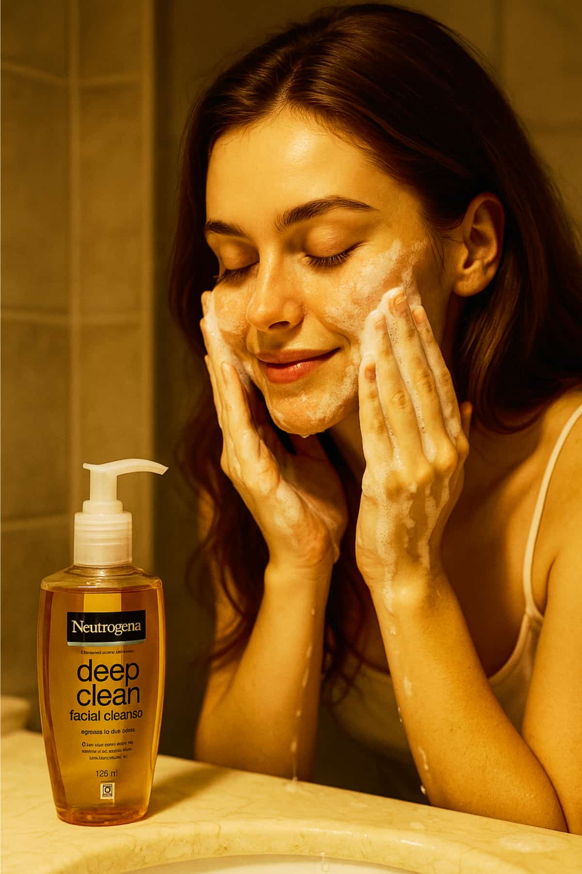 Woman cleansing face with Neutrogena Deep Clean Cleanser in a warm nighttime bathroom