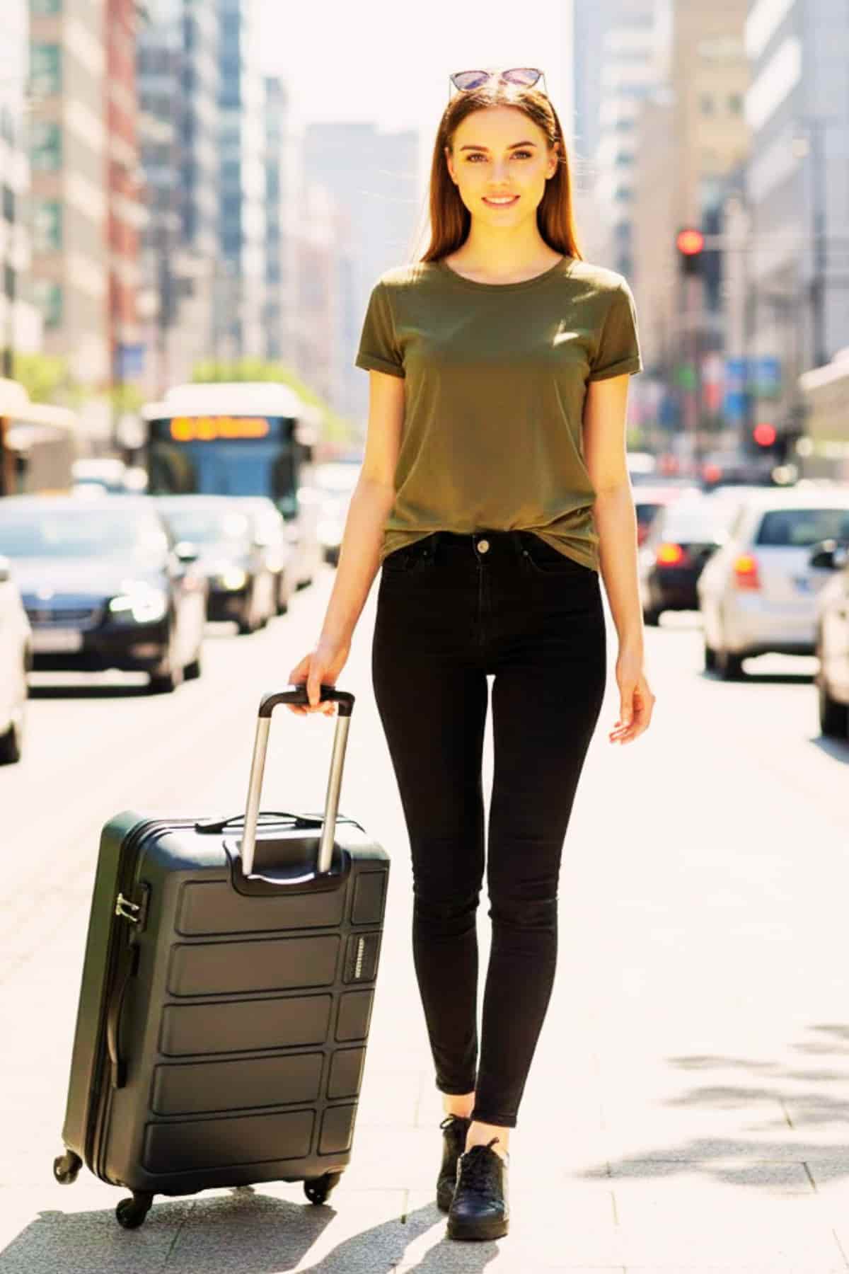 Woman pulling grey cabin-size trolley outdoors — Kamiliant Samsonite suitcase