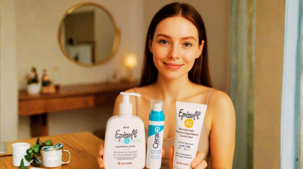 23-year-old woman with fair glowing skin applying skincare in a clean beauty studio, skincare routine feature image