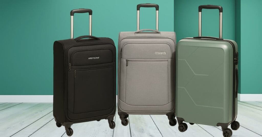Top three travel trolley bags displayed together — soft black, iron grey cabin-size, and cyan medium-size hard-shell.