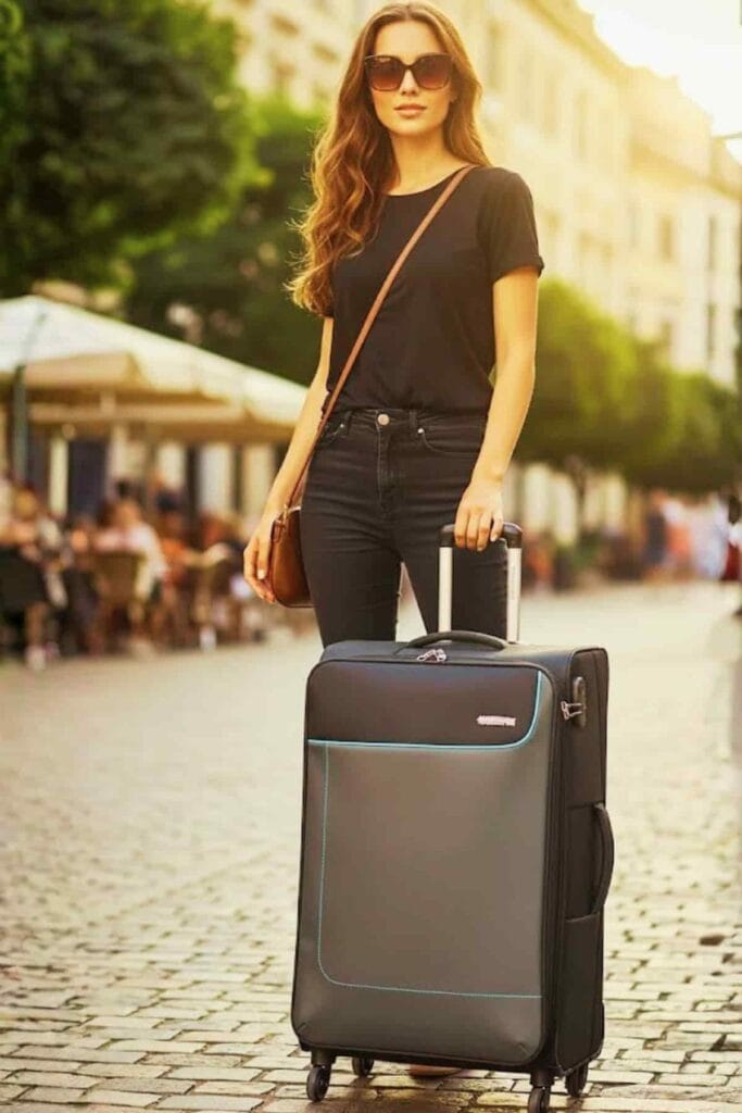 Woman posing with stylish trolley bag -soft black hard shell trolley.