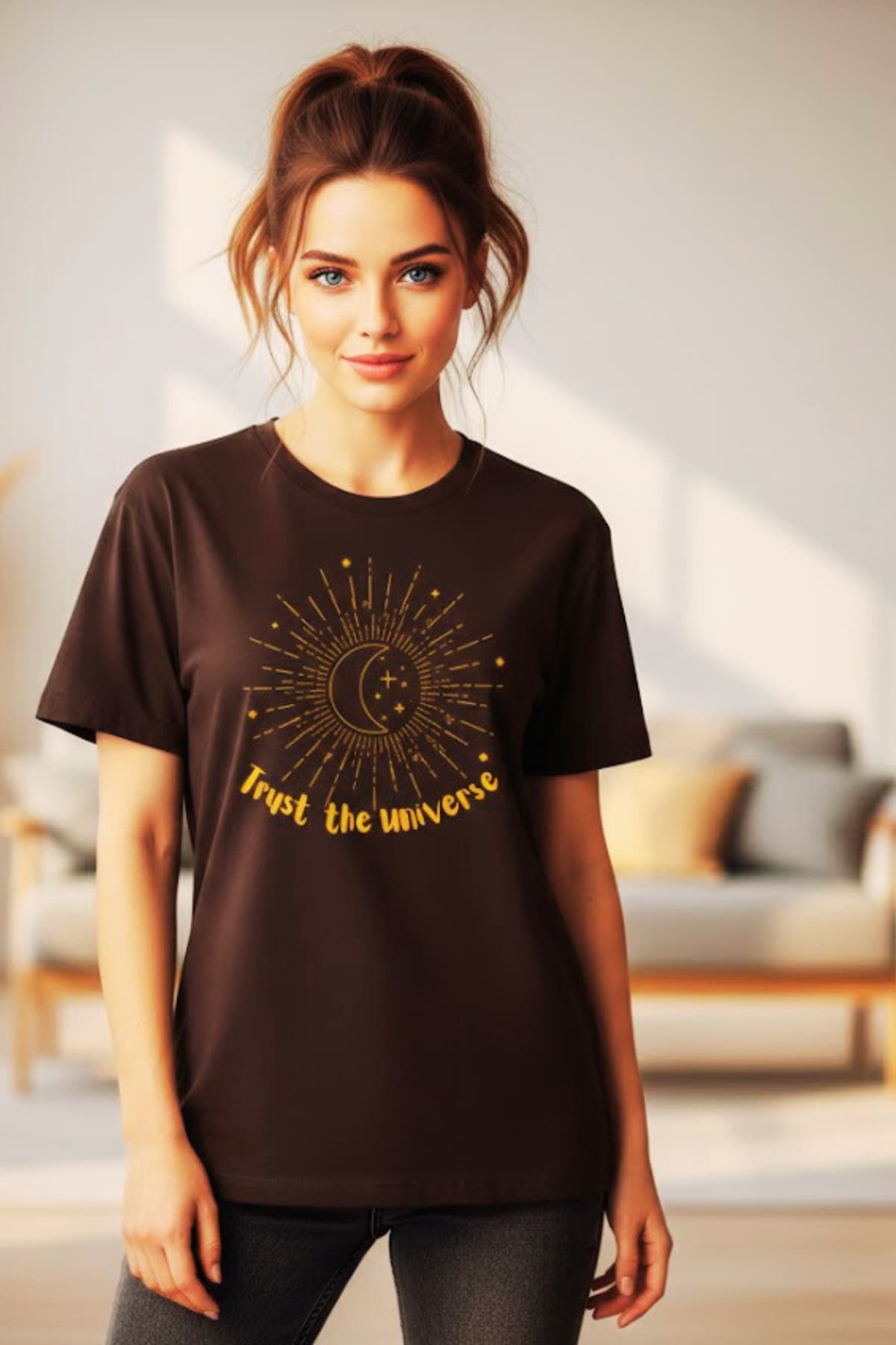 23-year-old woman wearing a Trust The Universe minimalist sun and moon T-shirt, full-body view, peaceful confident expression