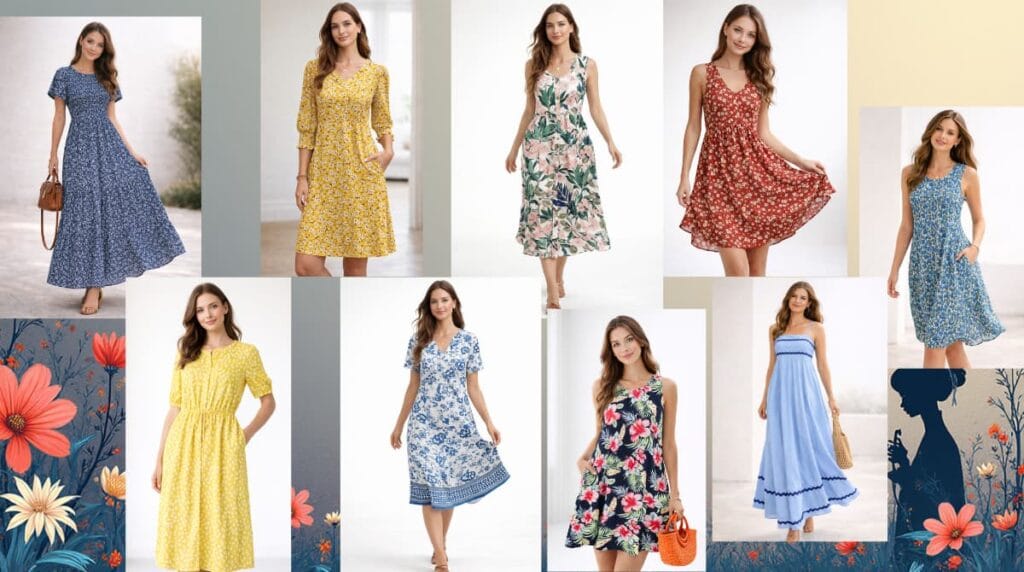 Women’s summer dresses collection featuring casual, midi, and maxi styles with floral prints, pockets, and breathable fabrics