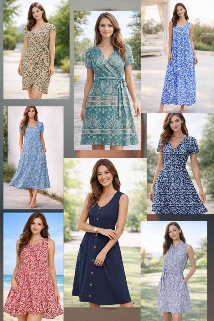 Best women’s summer dresses for hot weather and everyday comfort, featuring a lightweight breathable summer dress worn by a beautiful 23-year-old woman with fair skin, blue eyes, and brown silky hair in a clean summer outdoor setting