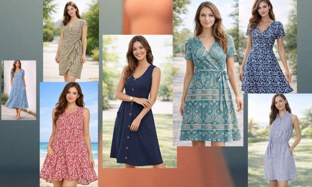 Best women’s summer dresses for hot weather and everyday comfort, featuring a lightweight breathable summer dress worn by a beautiful 23-year-old woman with fair skin, blue eyes, and brown silky hair in a clean summer outdoor setting