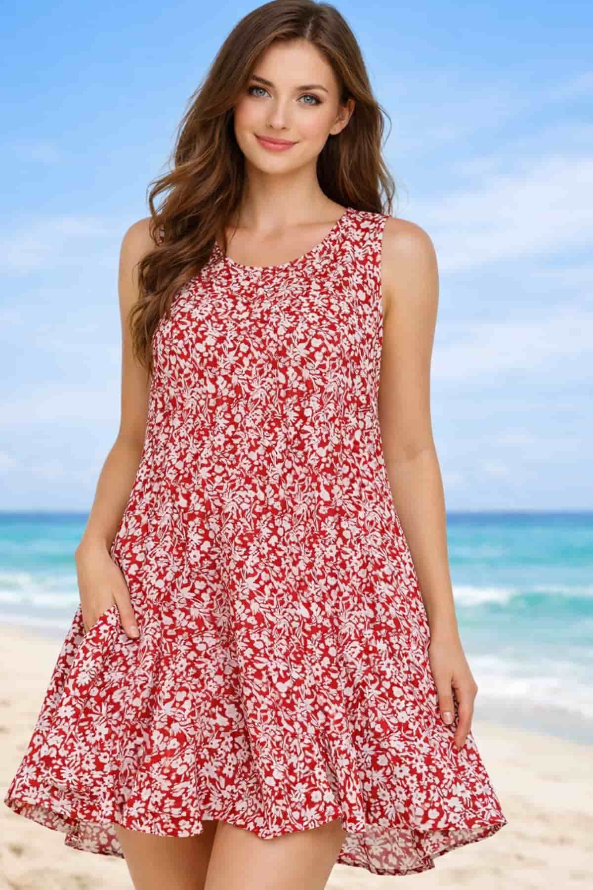 Best women’s summer dresses include this casual everyday summer dress — lightweight breathable fabric with a relaxed fit for daily wear, worn by a beautiful 23-year-old woman with very fair natural skin, bright blue eyes, brown silky hair, fit toned physique, peaceful confident expression in a clean summer outdoor setting