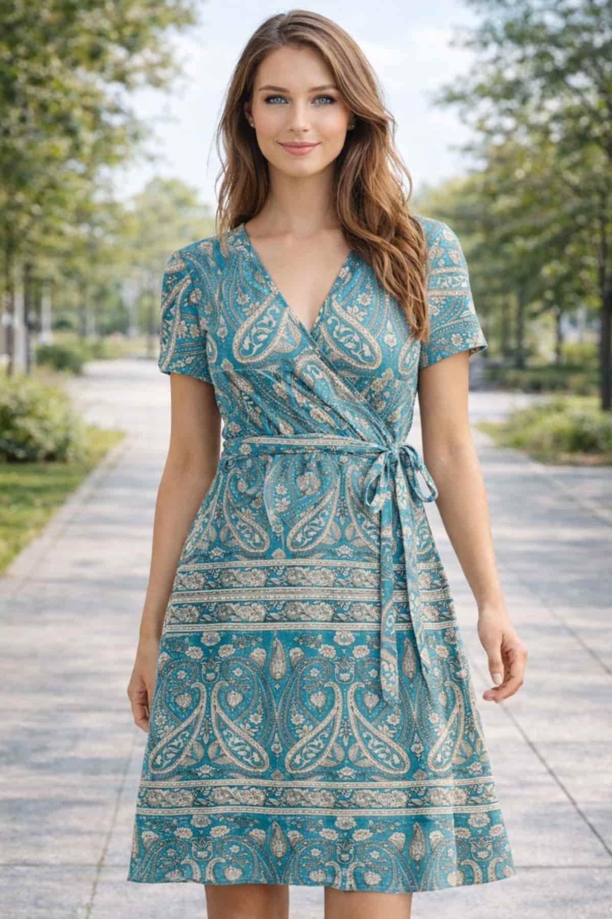 Best women’s summer dresses include this casual T-shirt summer dress — soft breathable fabric, relaxed everyday fit, worn by a beautiful 23-year-old woman with very fair natural skin, bright blue eyes, brown silky hair, fit toned physique, peaceful confident expression in a clean summer outdoor setting