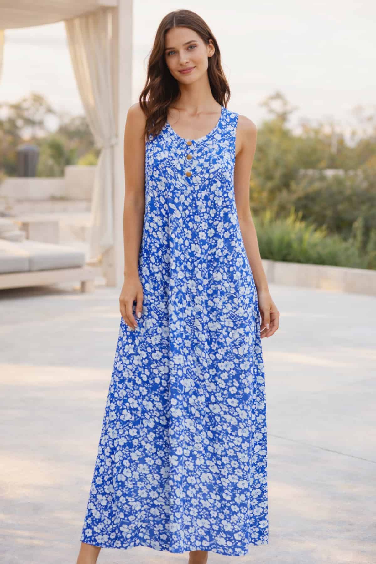 Best women’s summer dresses include this lightweight maxi summer dress — sleeveless breathable long dress for hot weather, worn by a beautiful 23-year-old woman with very fair natural skin, bright blue eyes, brown silky hair, fit toned physique, peaceful confident expression in a clean summer outdoor setting