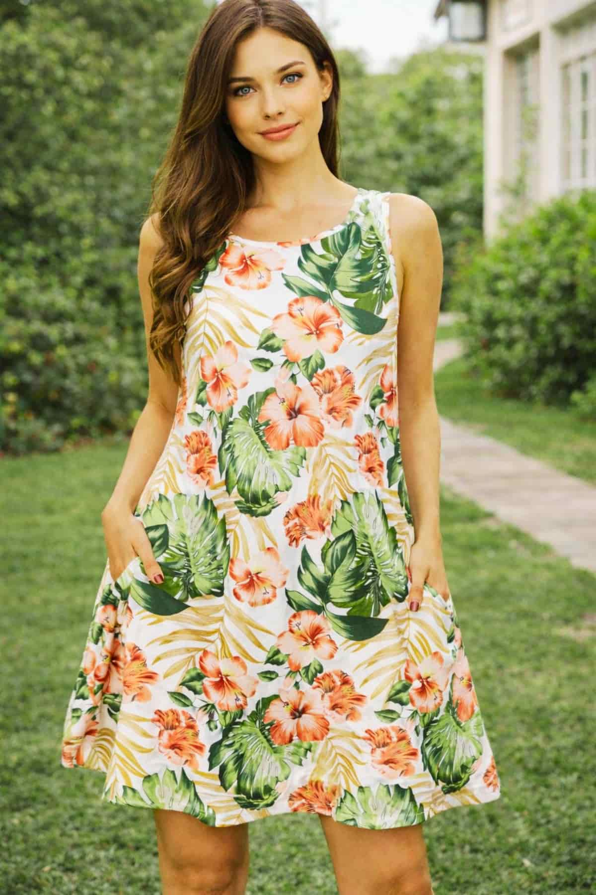   lightweight and comfortable with a relaxed silhouette, worn by a beautiful 23-year-old woman with very fair natural skin, bright blue eyes, brown silky hair, fit toned physique, peaceful confident expression in a clean summer outdoor setting