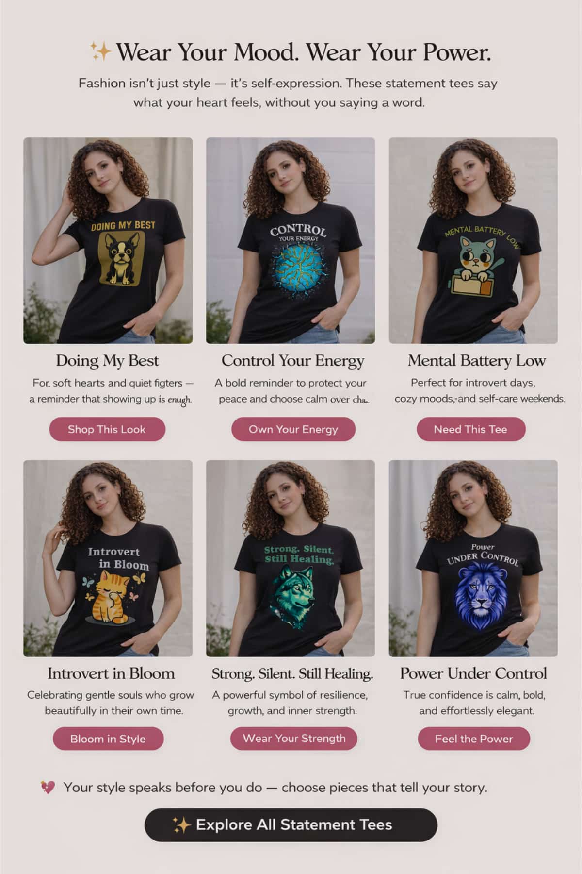 SaniaGlam women’s statement graphic t-shirt collection featuring motivational and empowering designs displayed in fashion grid layout