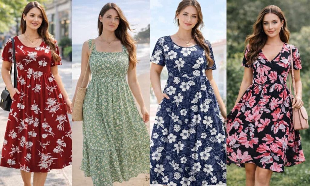 Plus size summer dresses collection showing flattering A-line, wrap, midi and maxi styles designed for comfort and confidence in summer
