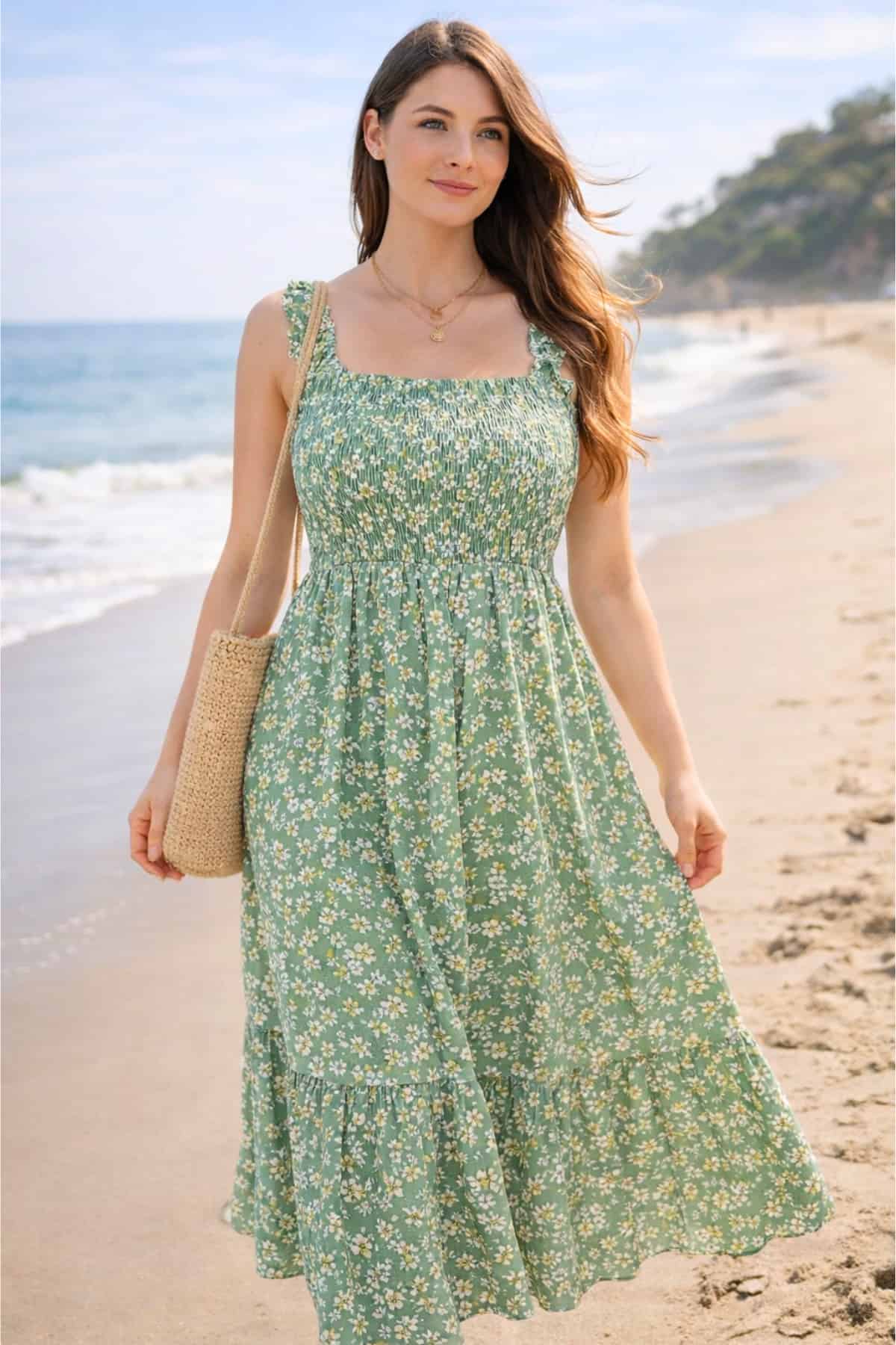  summer boho maxi dress — young woman with clear glowing skin, bright blue eyes, brown silky hair, fit toned body, relaxed confident expression in a breezy beach summer setting