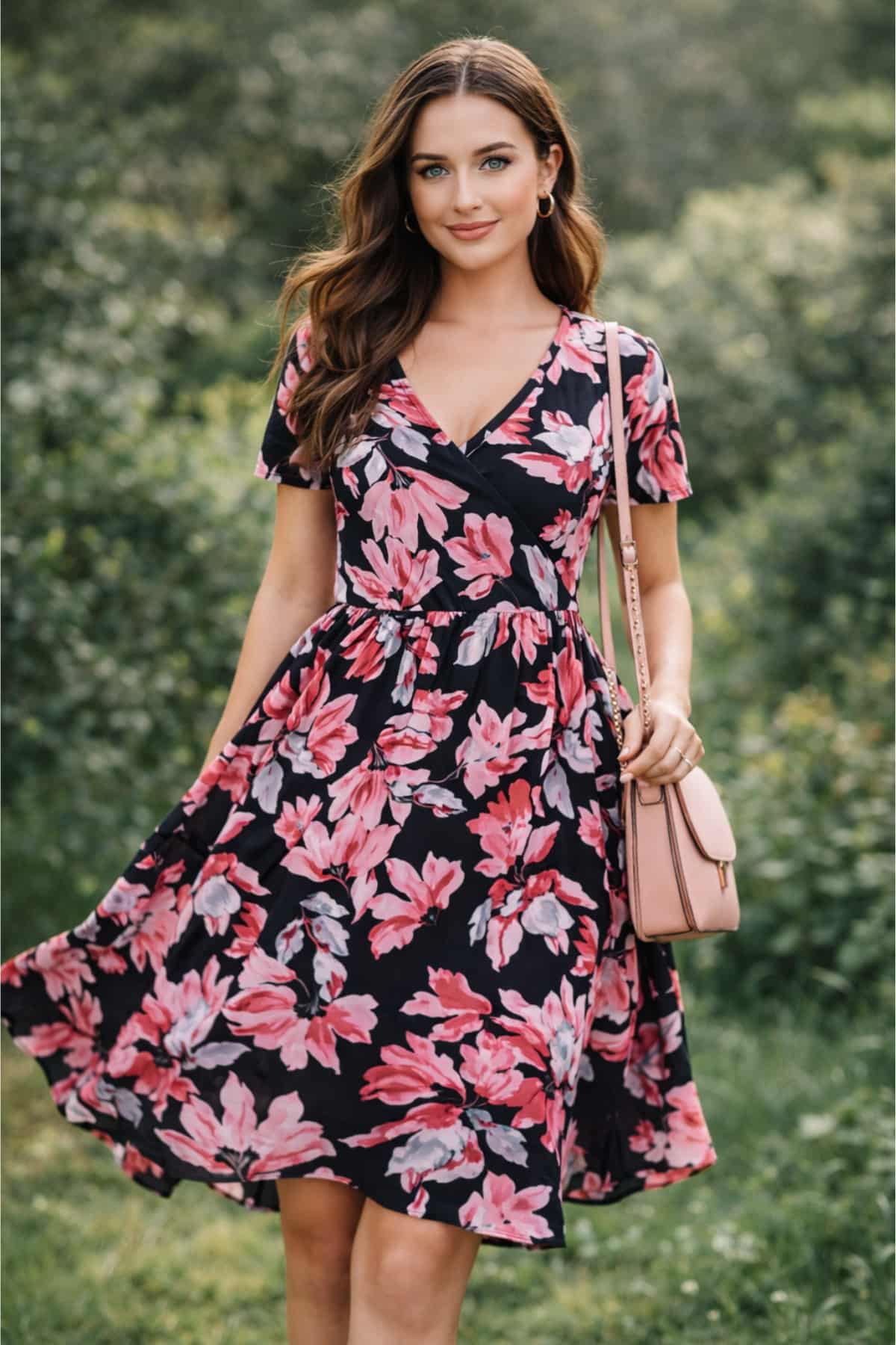 Plus size summer floral wrap dress — young woman with clear glowing skin, bright blue eyes, brown silky hair, fit toned body, soft confident smile in a bright garden summer setting