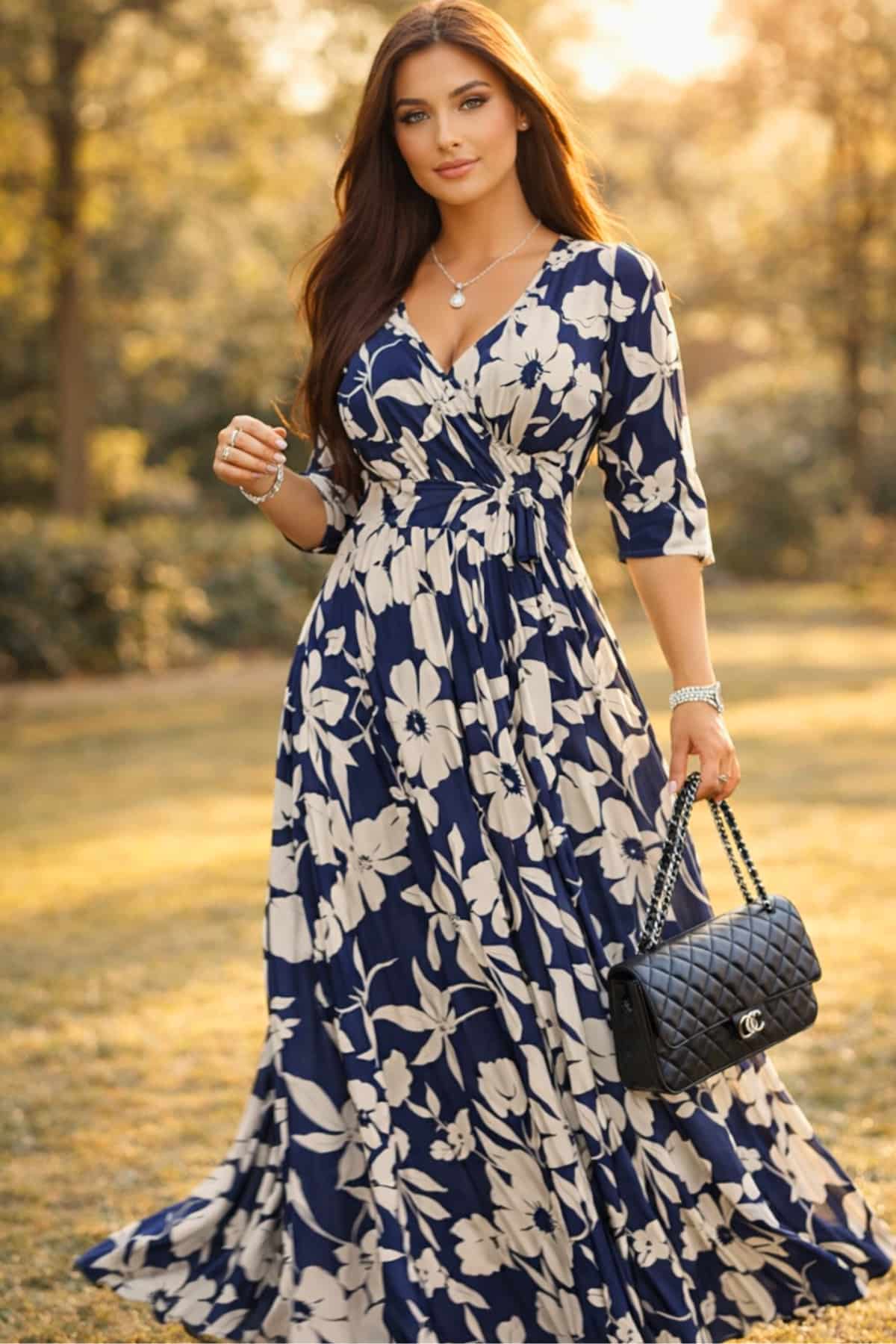 Plus size summer maxi wrap dress — young woman with clear glowing skin, bright blue eyes, brown silky hair, fit toned body, peaceful confident expression in elegant outdoor summer setting