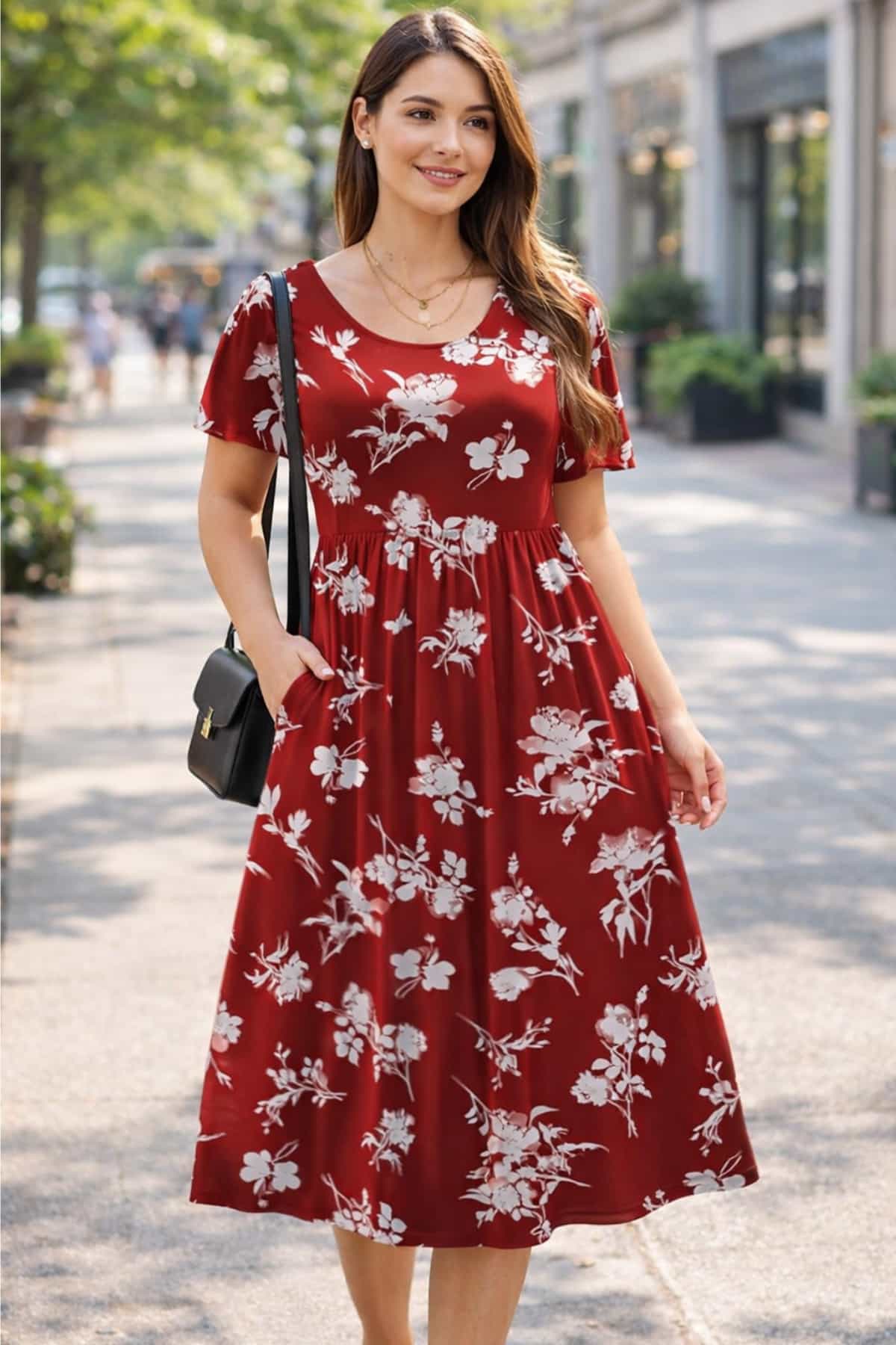 Plus size summer midi dress casual flowy style — young woman with clear glowing skin, bright blue eyes, brown silky hair, fit toned body, relaxed confident expression in soft outdoor summer setting