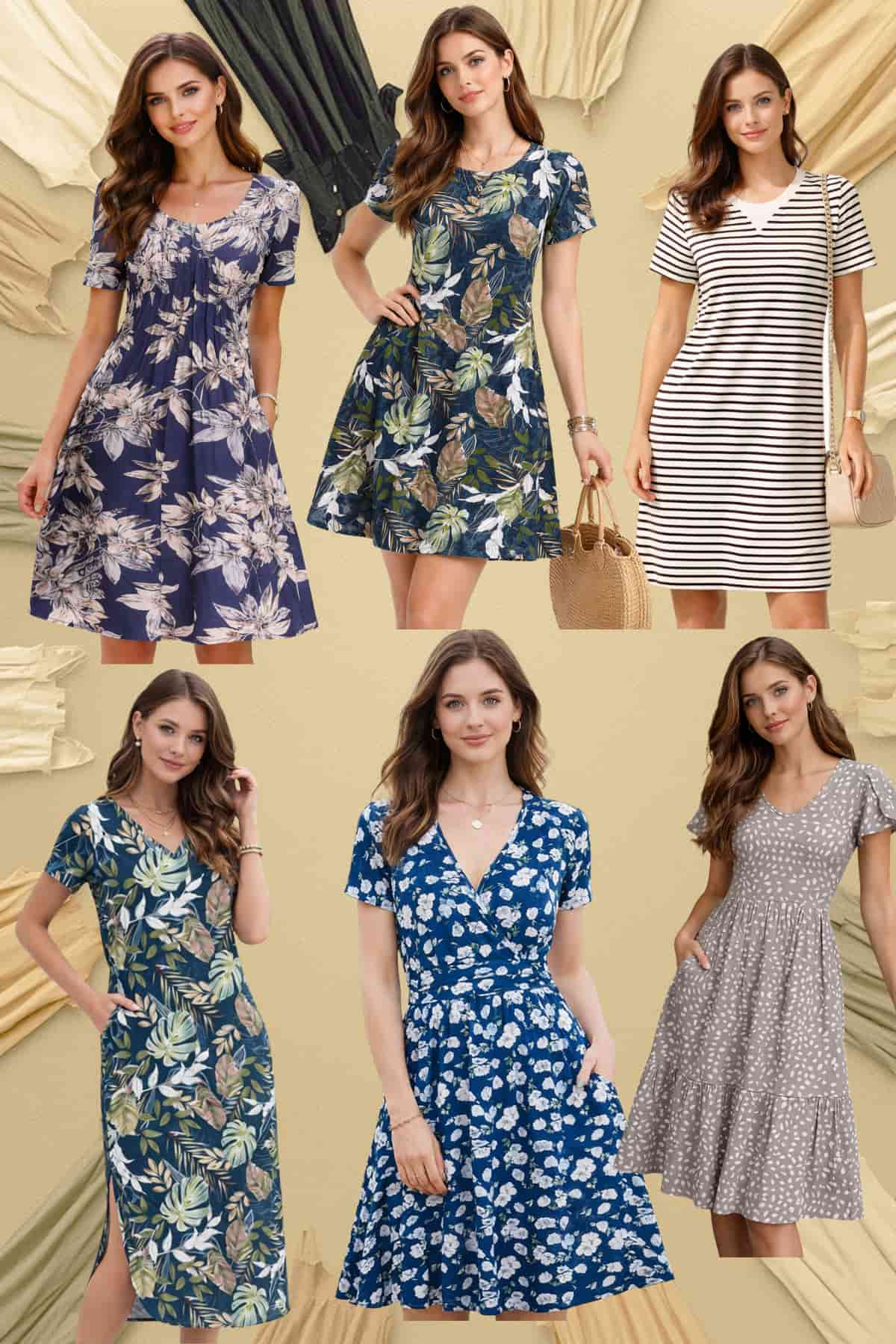 Collection of women’s summer dresses with pockets including t-shirt midi maxi floral boho and shirt styles worn by a beautiful 23-year-old woman with very fair natural skin blue eyes and brown silky hair