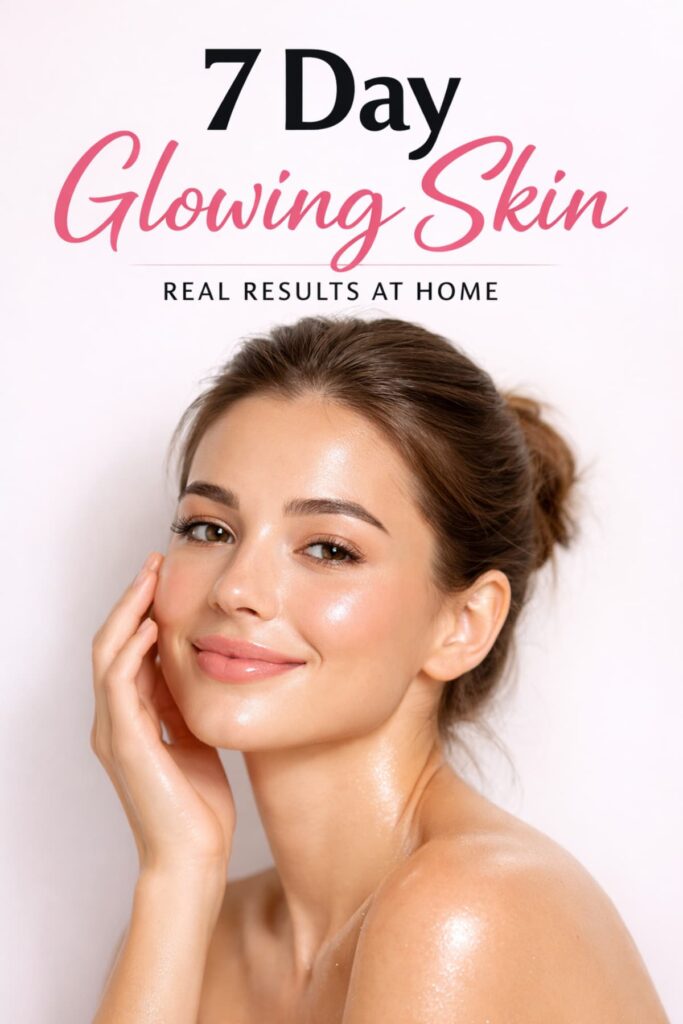 Young woman with clear glowing skin in soft natural light with text “7 Day Glowing Skin – Real Results at Home”