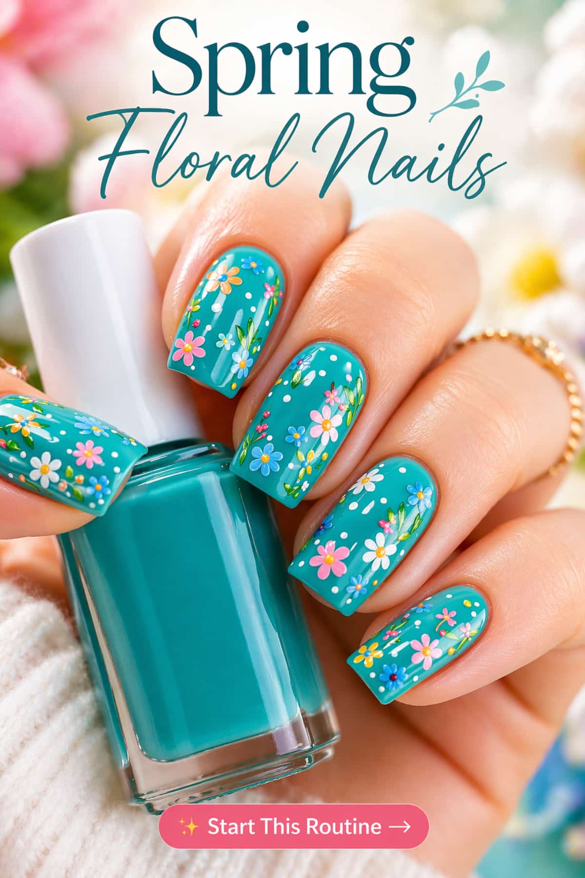 spring floral nails teal flower nail art glossy manicure aesthetic