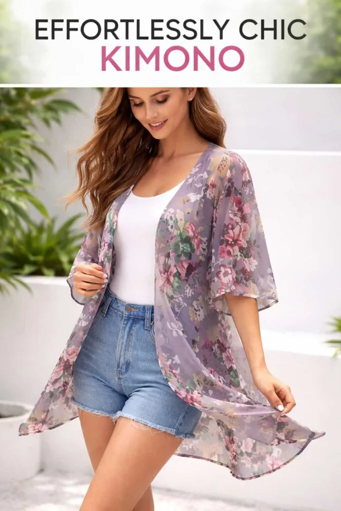 Woman wearing a floral kimono cardigan styled casually for summer layering inspiration
