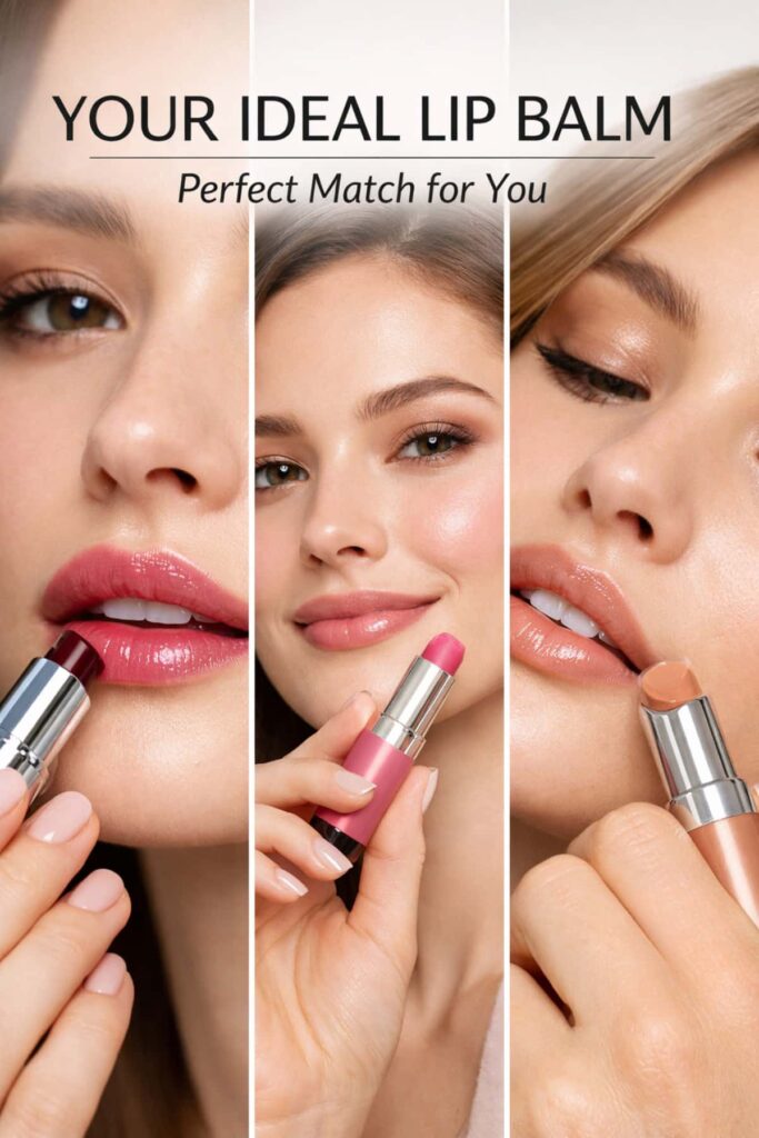 Close-up beauty shot of woman applying tinted lip balm in three shades Black Honey, Pink, and Nude Honey with soft glowing finish