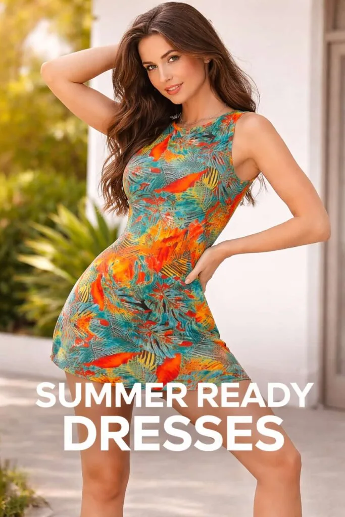 Woman posing confidently in a colorful tropical mini dress