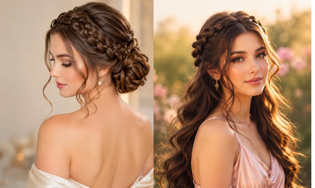young woman with soft romantic braided waves hairstyle, glossy brunette hair, crown braid, and loose curls in golden garden sunlight.